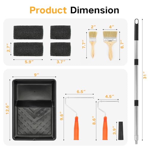 Truck Bed Liner Roller Kit, 8PCS Roll on Bed Liner Kit | Includes 6 and 4 Inch Texture Bedliner Rollers, Roller Frame, Extension Pole, Brush, Tray, for Textured Bed Liner Coating