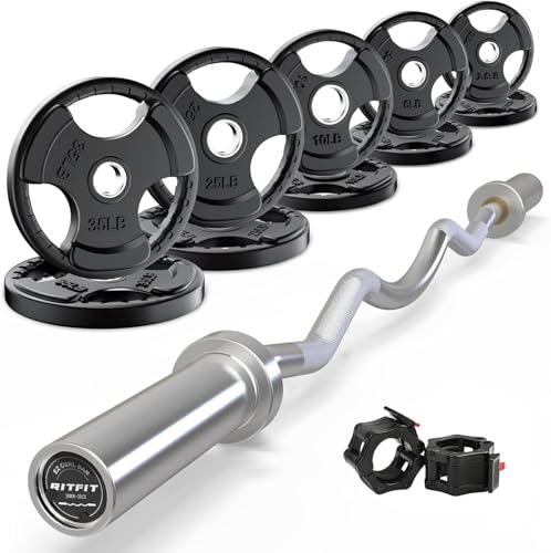 RitFit 2 Inch EZ Curl Bar with Weights, 350LBS Weight Capacity Olympic Curl Barbell for Bicep, Tricep and Weight Lifting Exercises - style: Silver(with 155LB Weights and Collar)