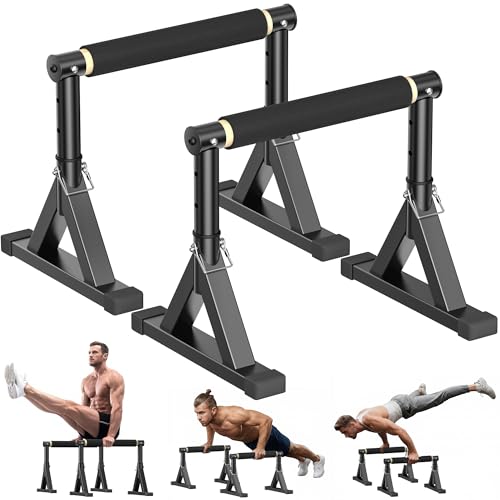 GanFindX Wooden Parallel Bars 12/10-14" 600LB Capacity for Home Gym | 600LB Wooden Parallettes with Non-Slip Base, Adjustable Bars for Dips, Push Ups, Handstands, L-Sits & Gym Training, Black - size: 10-14"