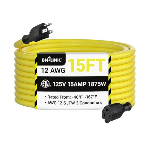 BN-LINK 15ft Outdoor Extension Cord, 12/3 SJTW Heavy Duty Power Cord, 3-Prong Grounded Plug, Weather Resistant, 15A, 1875W, Yellow, for Lawn, Garden, Appliances, ETL Listed - color: Yellow, size: 15FT