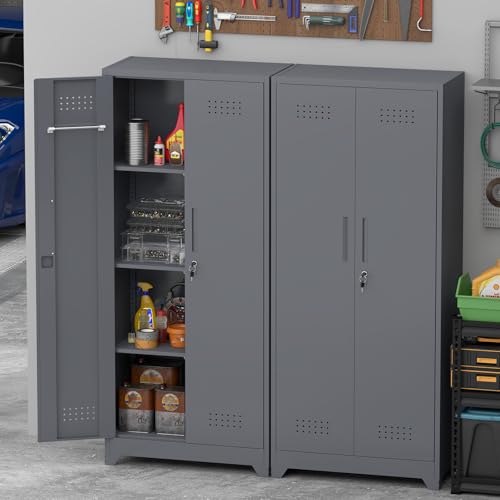 IRONFFICE Tall Storage Cabinet with Doors,Metal Garage Cabinet and Storage,Lockable Utility Closet Cabinets with Pegboard for Basement,Laundry Room,Grey - size: 15.74"D x 23.62"W x 65"H-Grey