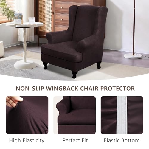 ANARACHON Leather Look Wingback Chair Covers, 2-Piece Wing Chair slipcover,Stretch Wing Back Armchair Slipcovers with Elastic Bottom, Soft Spandex Furniture Protector for Living Room (01 Chocolate) - color: 01 Chocolate