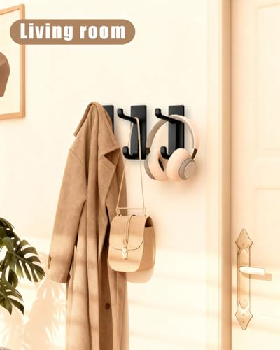 Self Adhesive Wall Hooks, 6 Pack Coat Hooks Wall Mount Heavy Duty Stainless, Double Extra Stick On Towel Hook for Bedroom Kitchen, Over the Door Hook for Hanging Key Hat Backpack (Black) - color: Black