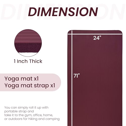 Signature Fitness Extra Thick High-Density Foam Yoga Mat – Multiple Thicknesses (1/2" & 1") / Multiple Colors – Double-Sided Non-Slip Surface – with Carrying Strap for Pilates, Yoga & Home Workouts - color: Burgundy