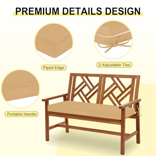 downluxe Outdoor Bench Cushion Waterproof, 45 x 18 Inch Patio Furniture Cushions with Adjustable Ties & Portable Handle, Porch Swing Cushions, Bench Cushions for Outdoor Furniture, Kahki - color: Khaki, size: 45x18x3 Inch