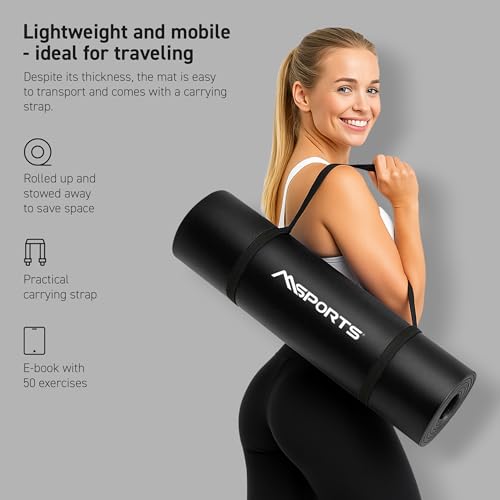 MSPORTS Yoga Mat Premium Non Slip Thick – Extra Comfortable Exercise Mat for Home Workouts, Pilates, Stretching & Gym – Cushioned NBR Foam, Gym Mat with Strap, for Women & Men - color: Black