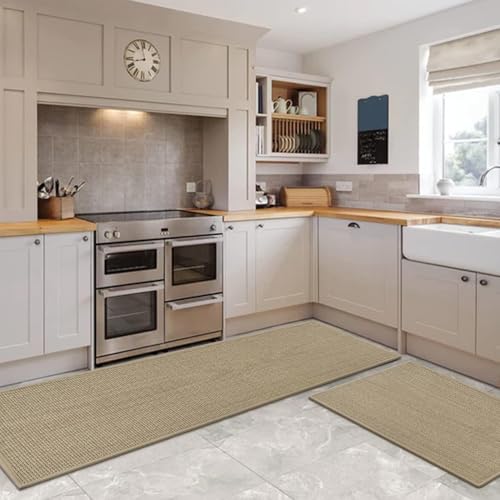 Artoid Mode Washable Non Slip Kitchen Rugs and Mats Set of 2, Rubber Backing Absorbent Kitchen Mats for Floor Front of Sink - 20x32 and 20x48 Inch - color: Linen, size: 20" x 32" /20" x 48"
