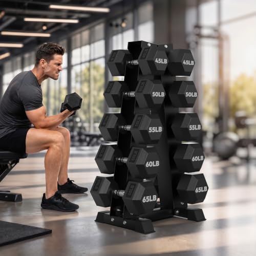HANDBODE Rubber Coated Hex Dumbbell Set with A-Frame Rack, 100 lb - 600 lb Multiple Options Weight, Hexagon Non-Rolling Shape, Ergonomic Knurled Handle, Home Gym Equipment for Strength Training - style: 550 lb (45, 50, 55, 60, 65 lb) X 2 & Rack