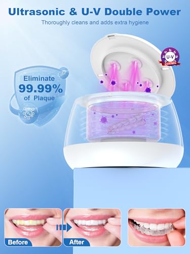 KUNPHY Ultrasonic Retainer Cleaner Machine, 48kHz Dental Cleaning Pod Home | 4 LED Light 48KHz Ultrasound Portable Mouthguard Night Guard Cleaner, IPX7 Waterproof, Quiet 45dB, Overheat Protection, White - size: 200ML