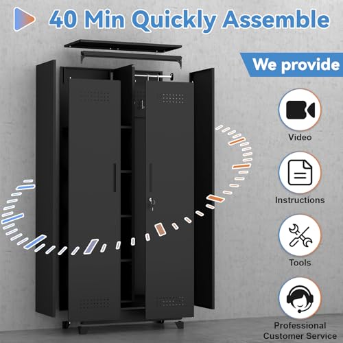 IRONFFICE Metal Utility Closet,Broom Closet Storage Cabinet with Doors and Shelves,Locking Storage Cabinets for Home Office,Gym,Laundry,Black - size: 72"H x 31.5"W x 15.74"D-Black