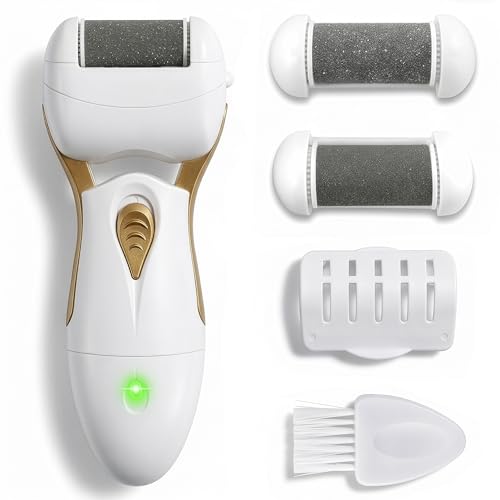 Electric Callus Remover for Feet – Electric Foot Filer with 3 Replacement Rollers & 360° Rotating Head – Hard Skin Remover for Feet with Ergonomic Handle for Easy Grip & Control in Home Pedicure - color: Gold Callus Remover