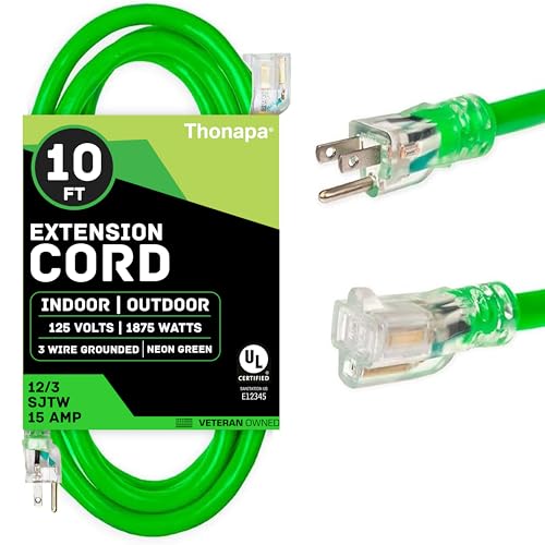 Thonapa 12 Gauge Extension Cord 10 Ft Outdoor - 12/3 Heavy Duty, 3 Prong | SJTW Neon Green Cable, Lighted End, Grounded Plug, For Job Sites, Garden & Major Appliances - color: Neon Green, size: 10 Foot