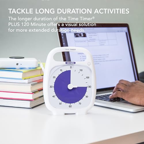 TIME TIMER PLUS 120 Minute Desk Visual Timer Countdown Timer with Portable Handle for Classroom, Office, Homeschooling, Study Tool, with Silent Operation (White) - size: 5-1/2 x 7 in, style: 120 Minutes