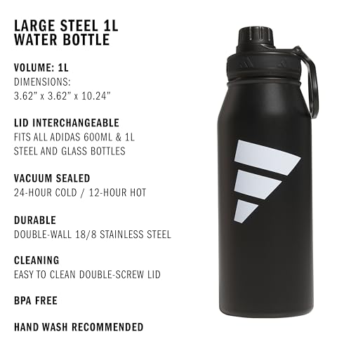 adidas Stainless Steel Metal Water Bottle 34 oz (1L) Screw Cap - color: Black/White/2