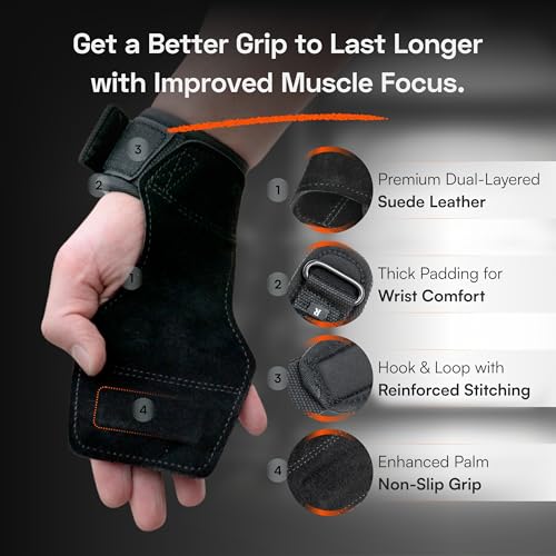 Lifting Grips for Weight Lifting, Powerlifting & Weightlifting Grips with Enhanced Grip, Double Layer Leather Gym Grips for Deadlifts & Back Workouts, Black