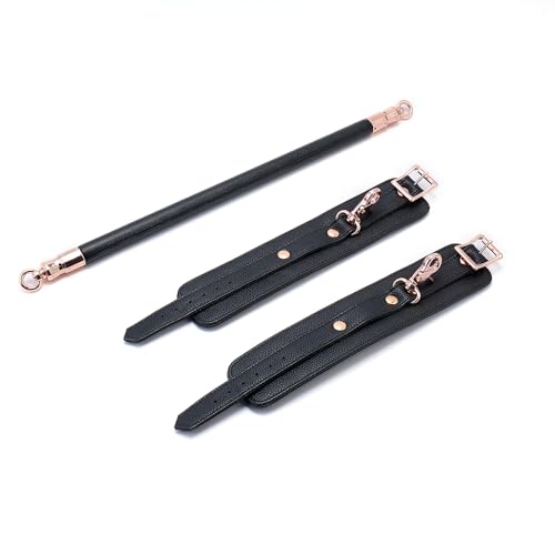Spreader Bar Wooden Black PU Bar Home Gym with 2pcs Furry Black Adjustable Straps,Sports Aid Training Fitness Gear Pilates Aid Kit,Indoor Yoga Set - style: Black-Gold+Black Overlap Kit