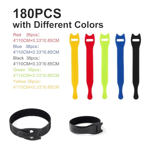 OneLeaf 180PCS Valuable Wire Organizer 4Inch Reusable Cable Ties with Hook and Loop, Colorful Fastening Cord Ties Wire Management for Home, Office, Data Centers, and Electronics, 5 colors - size: 4in-180pcs