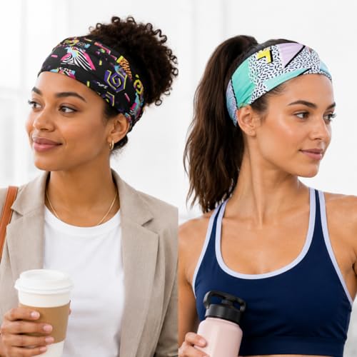 4Pcs 80s 90s Retro Headbands Neon Geometric Soft Sweatbands | Print Hair Head Bands, Wicking, for Women Men Athletic, for Fitness Running Cycling Hip Hop Party Style Hiking
