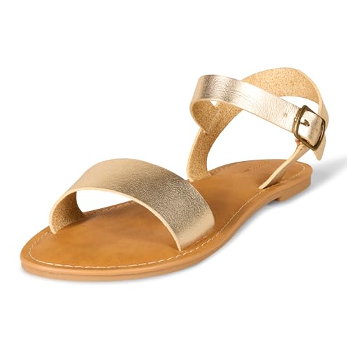 Amazon Essentials Women's Two Strap Buckle Sandal with Adjustable Ankle Strap - color: Gold, size: 10
