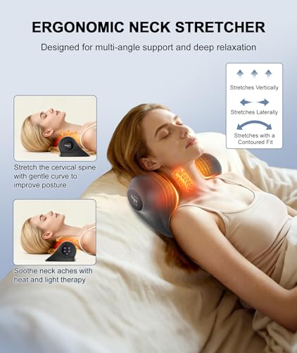 Neck Massager with Heat, Red Light & Vibration Adjustable, Heated Neck Stretcher with 3 Modes, Rechargeable Cervical Traction Device for Pain Relief & Muscle Relaxation, Gift for Women Men - color: Black