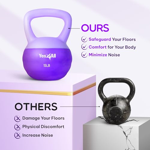 Yes4All Soft Kettlebell, PVC Strength Training Kettlebells for Women, Floor Protection & Quiet, Wide Handle, Aesthetic Soft Weights (5,10,15,20lb) for Home Gym, Fitness Beginners - color: 15lb - Purple