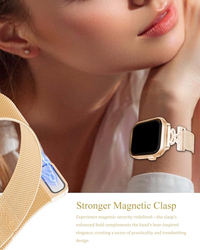 Metal Band Compatible with Apple Watch Bands for Women 38/40/41/42/44/45/46/49mm, Bow-Shaped Diamond Stainless Steel Magnetic Mesh Strap for iWatch Series 11 10 9 8 7 6 5 4 3 2 1 SE Ultra - color: Rose Gold, size: 42mm/44mm/45mm/49mm/46mm(series 11)