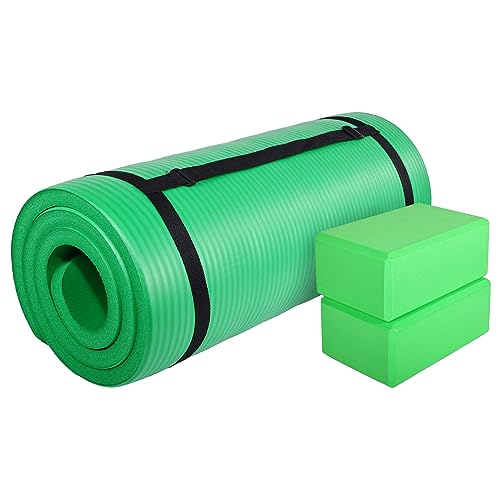 BalanceFrom 71x24 Inches Yoga Mat with Knee Pad and Optional Blocks – Extra 1-Inch Thick Non-Slip Foam with Anti-Tear Surface and Carrying Strap for Home, Studio, or Gym Workouts - color: Green, style: Mat & Knee Pad & Yoga Blocks
