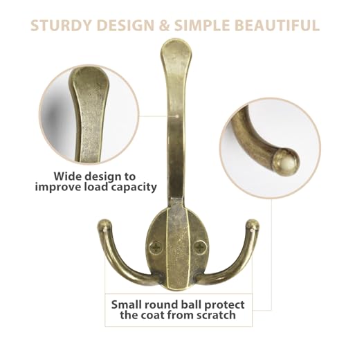 Homanu 20 Pack Coat Hooks Heavy Duty, Metal Three Prongs Large Coat Hooks Wall Mounted with 40 Screws, No Rust Antique Brass Rustic Wall Hooks for Hanging Towel, Coat, Scarf, Bag, Hat, Cup, Key - color: 20 Pcs Antique Brass