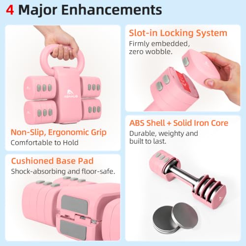Abahub 2 in 1 Kettlebell & Dumbbell Set for Home Gym, Adjustable Weights Dumbbell Set with Kettlebell Grip Converter, Full Body Workout Kettlebell Set of 2 for Men Women - color: Pink