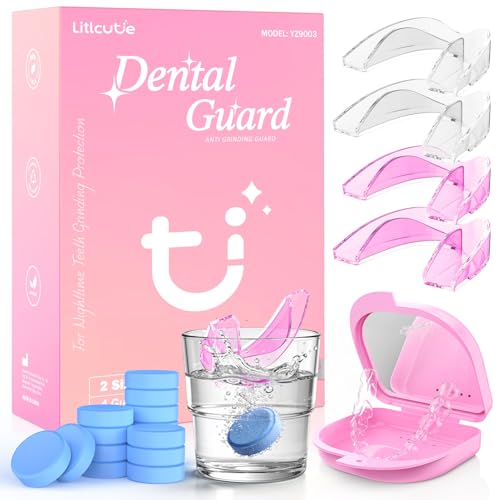 Anti Grinding Guard, Mouth Guard for Grinding Teeth at Night, Night Guards for Teeth Grinding for Adults, Pink + Clear, 2 Size (4 Pack), Guard Cases with 5X Magnifier