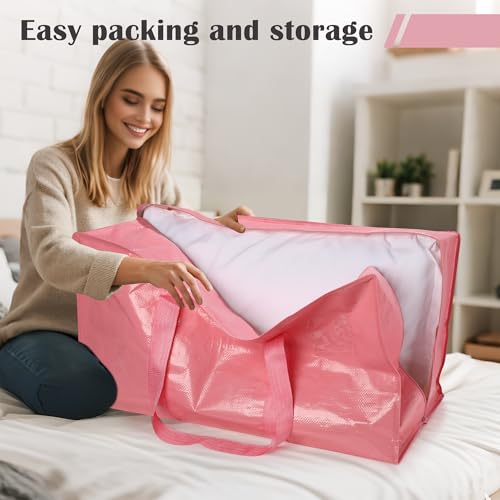 12 Pack Moving Bags with Full-Open Side Zipper, Extra Large 93L Heavy Duty Waterproof Foldable Storage Totes for College Dorm, Moving & Home Organization Pink - color: Pink, size: 12Pack