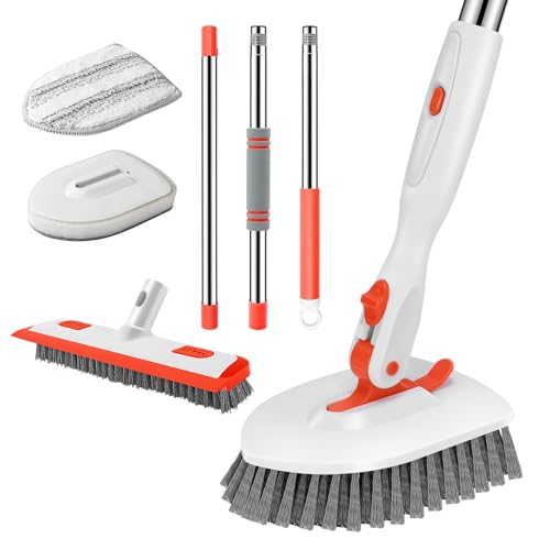 SetSail 4-in-1 Tile Tub Floor Scrubber with 52-inch Adjustable Long Handle Shower Cleaner Brush Comes with Floor Scrub Brush and 3 Replacement Brush Heads for Cleaning Bathroom Tub Tile, Orange - color: Orange, size: 2 Pads + Floor Brush