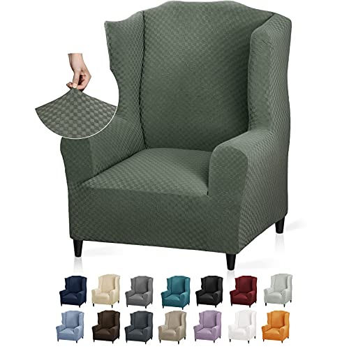 YEMYHOM 1 Piece Stretch Wingback Chair Slipcover Latest Jacquard Design Wing Chair Cover Non Slip Furniture Protector with Foam Rods for Living Room (Wing Chair, Army Green) - color: Army Green, size: 1 Pack - Wing Chair