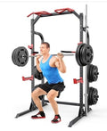 SunHome Power Cage Squat Rack, Power Rack with Pulley System, Adjustable Cable Crossover System, J-Hooks, Dip Handles, Weight Plate Storage - color: Half Power Cage