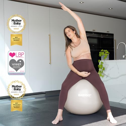 BABYGO Birthing Ball - Pregnancy Yoga Labor & Exercise Ball & Book Set Trimester Targeting, Maternity Physio, Birth & Recovery Plan Included Anti Burst Eco Friendly - color: Oatmeal, size: 65cm - Manual