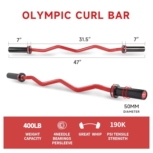 Olympic EZ Curl Barbell Bar, 400LBS Weight Capacity Olympic Curl Bar, 4ft Barbell Weight Bar with Knurled Grip for 2 Inch Weight Plates, Hip Thrusts,Squat,Biceps-Home Gym Weight Bar - color: Red