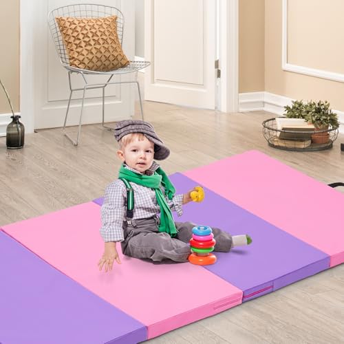 Gymnastics Mat, 3'x6'/4'x6' Thick Folding Kids' Gymnastic Tumbling Mat with Carrying Handles for Home Gym Exercise & Play - color: 3x6FT-Pink & Purple