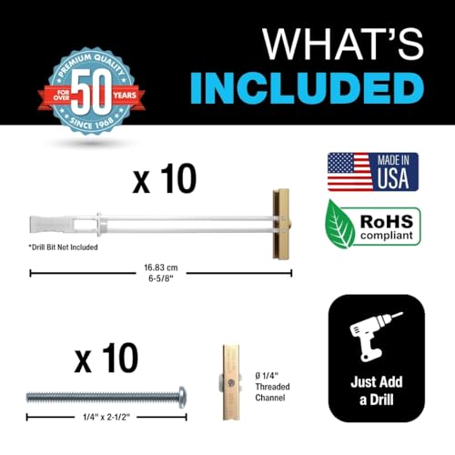 TOGGLER SNAPTOGGLE BB Toggle Anchor with Bolts, Zinc-Plated Steel Channel, Made in US, 3/8" to 3-5/8" Grip Range, For 1/4"-20 UNC Fastener Size (Pack of 10) - size: 3/8" to 3-5/8"