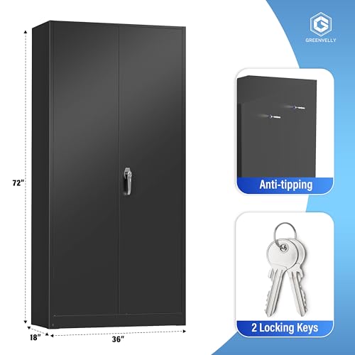Greenvelly Metal Garage Storage Cabinet, 72'' Tall Storage Cabinet with 2 Doors and 4 Adjustable Shelves, Steel Lockable Tool Cabinets for Home Office, Garage, Basement, School (Black) - color: Black, size: 72 Inch