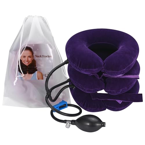 Cervical Neck & Vertebra Traction Device for Neck Pain Relief, Adjustable Inflatable Neck Stretcher Pillow for Neck Tension Relief Decompression Neck Brace Pump with carrying bag purple color - color: Purple