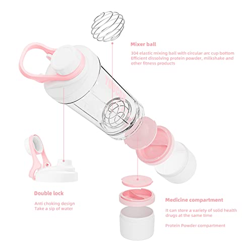 21oz Protein Shaker Bottle with Powder Storage Container-Shaker Cups for Protein Shakes-pre workout bottle-Mixer Cup-Gym Sport Water Bottle -Made with Tritan BPA Free,with Wire Whisk Balls,Pink - color: Pink