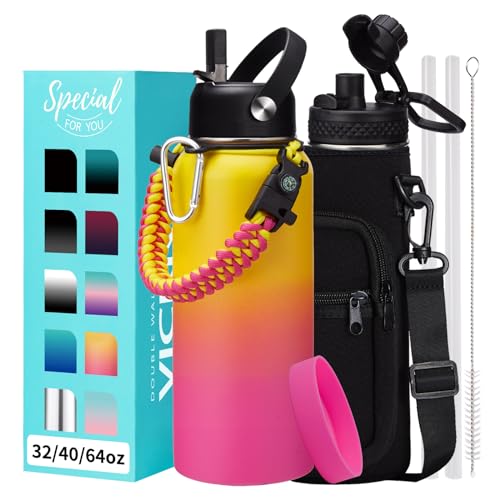 Stainless Steel Water Bottles 32oz - Cold-48h Hot-24h Insulated Water Bottle with Straw & Auto Spout Lid, Carrier Bag & Protective Cup Mat, Metal Thermo Flask Reusable Gym Waterbottle Jug Leak Proof - color: Candy, size: 32 Ounces