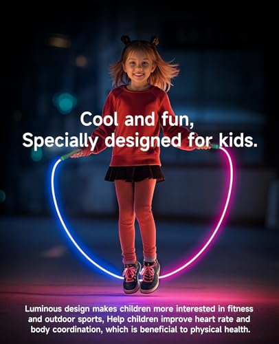 LED Jump Rope for Kids, Glow in The Dark Fun Fitness Gift | Rechargeable, 180-day battery, 9.2ft for ages 6+, colorful LED modes, birthday gift, outdoor fun - color: Blue