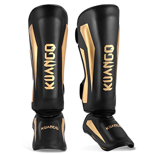 Muay Thai Shin Guards for MMA Sparring, Martial Arts,Kickboxing | Leg Instep Protection Pads, Kickboxing MMA Training, Sparring Gear, Professional MMA Equipment - color: Black-Gold, size: Large