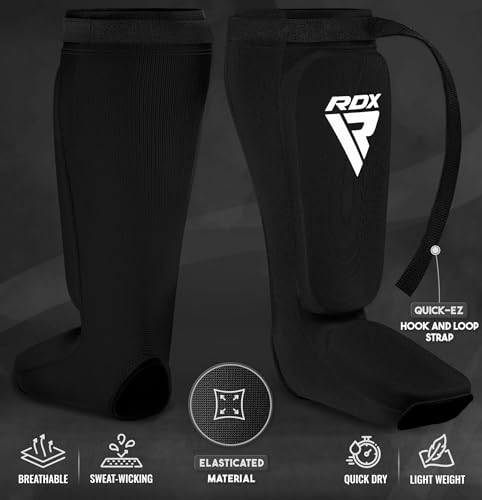 RDX Shin Guards Kickboxing Muay Thai, SATRA Approved, MMA Leg Instep Protection Pads, Sparring Training Martial Arts Boxing, Elasticated Padded Protector, Karate BJJ Taekwondo Gear, Men Women - color: Black, size: X-Large