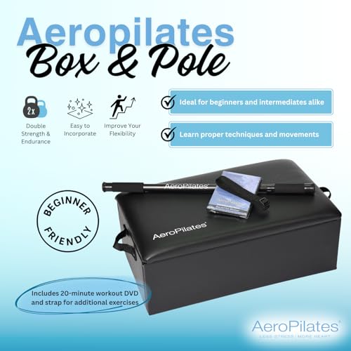 AeroPilates Reformer Box & Pole Set - Premium Pilates Sitting Box | Universal Pilates machine fit, solid wood padded box with handles, adjustable steel balance pole, foot strap, workout video