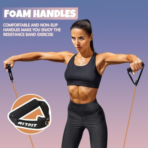 RitFit Single Resistance Exercise Band with Comfortable Handles - Ideal for Physical Therapy, Strength Training, Muscle Toning - Foam Padding Door Anchor and Starter Guide Included - size: 10-15lbs
