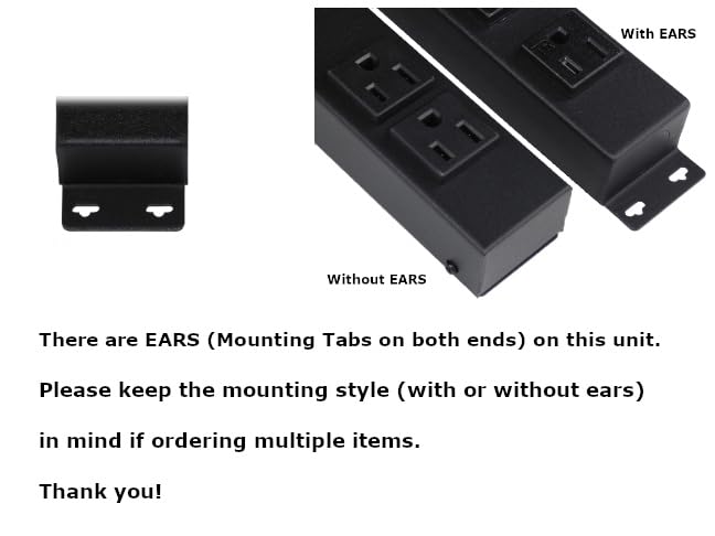 10” Hardwired Power Strip (NO Power Cord), 3 Vertical Outlets (NOT Tamper Resistant), with Ears (with mounting tabs on Both Ends), 15A (NOT a 20 Amp Unit), Black