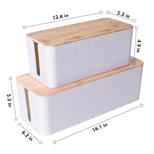 2 Pack Large Cable Management Box – Wooden Style Cord Organizer and Cover for TV Wires, Computer, Router, USB Hub and Under Desk Power Strip – Safe ABS Material and Baby-Pets Proof Lock (White) - color: White