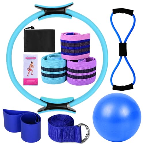 Karlak Yoga Sets for Women Pilates at Home Equipment Pilates Magic Ring Booty Bands for Working Out Glutes Yoga Ball 25cm Figure 8 Resistance Band Yoga Bands for Stretching - color: Blue